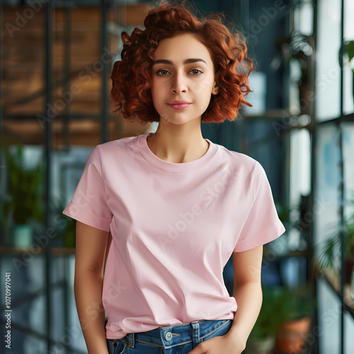 A young woman of Middle Eastern descent with curly hair stands confidently in a bright, modern space, wearing a pink t-shirt and denim jeans.