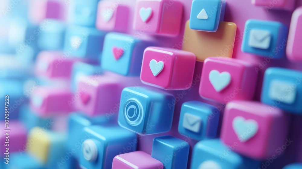 Colorful social media buttons in pink and blue, symbolizing digital interaction and engagement. Colorful social media buttons in pink and blue, symbolizing digital interaction and engagement.
