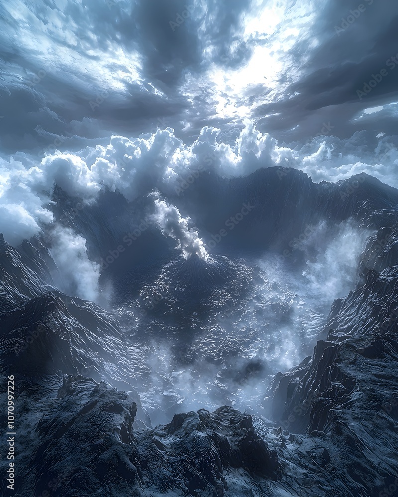 A breathtaking aerial view of a dramatic mountain landscape, shrouded in mist and clouds, depicting an ethereal atmosphere with a mix of soft light and shadows. A breathtaking aerial view of a dramatic mountain landscape, shrouded in mist and clouds, depicting an ethereal atmosphere with a mix of soft light and shadows.