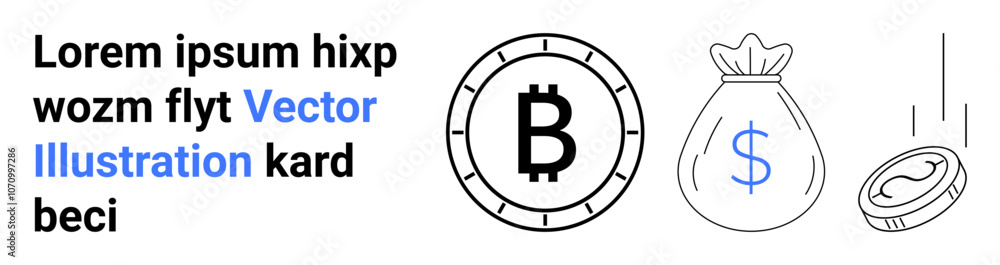 Bitcoin symbol coin, dollar sign money bag, falling coin represent cryptocurrency, financial growth, ROI, investments, savings, digital currency, blockchain. Ideal for fintech startups, investment Bitcoin symbol coin, dollar sign money bag, falling coin represent cryptocurrency, financial growth, ROI, investments, savings, digital currency, blockchain. Ideal for fintech startups, investment