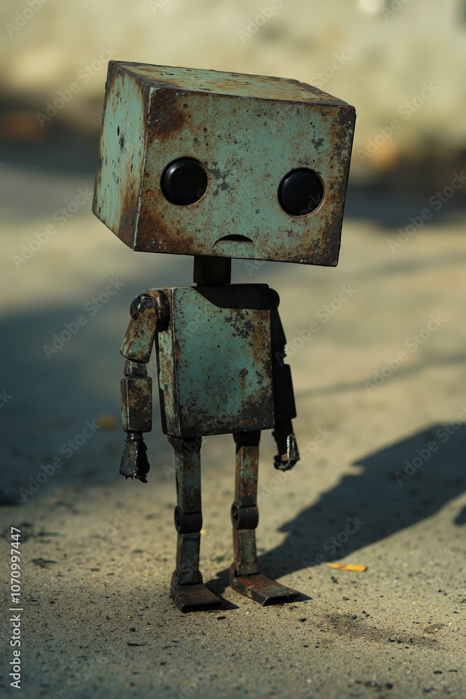 A rusty robot standing on the ground with a sad face A rusty robot standing on the ground with a sad face