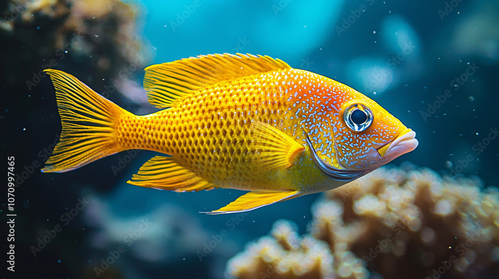 A striking underwater shot of a vibrant yellow fish swimming through a coral reef, with the details of its scales and fins standing out against the blue ocean backdrop A striking underwater shot of a vibrant yellow fish swimming through a coral reef, with the details of its scales and fins standing out against the blue ocean backdrop