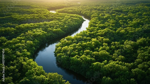 A winding river carves through vibrant green forests under the soft glow of the golden hour, showcasing the serene beauty of untouched nature and diverse ecosystems