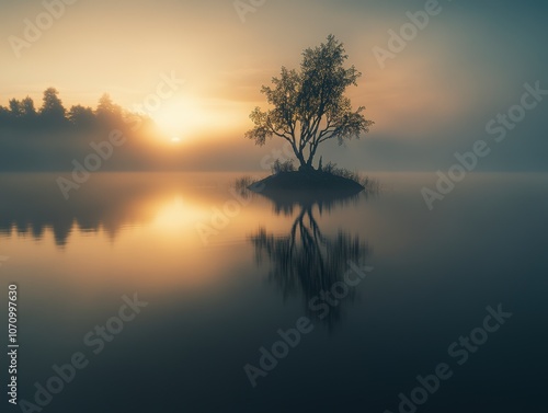 Misty Sunrise over a Serene Lake