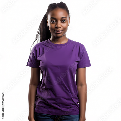 A confident Black woman in a plain purple t-shirt, smiling warmly against a white background.