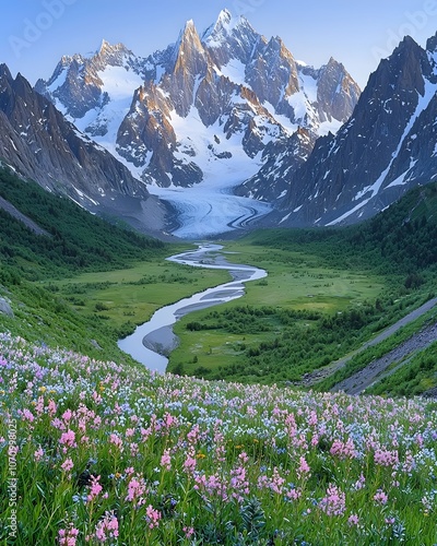 A breathtaking view of a mountain valley filled with vibrant wildflowers, with a winding river leading towards majestic snow-capped peaks under a clear blue sky. photo