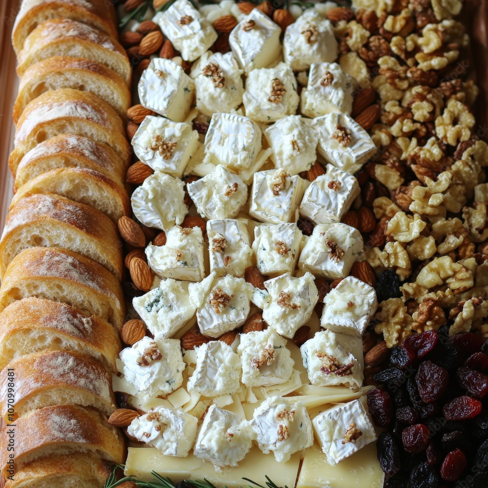 Gourmet Cheese Platter Featuring Brie, Walnuts, Almonds, Dried Cranberries, Fresh Sliced Baguette, Elegant Appetizer Presentation for Parties and Gatherings Gourmet Cheese Platter Featuring Brie, Walnuts, Almonds, Dried Cranberries, Fresh Sliced Baguette, Elegant Appetizer Presentation for Parties and Gatherings