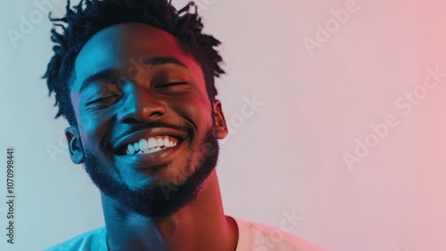 A smiling young man with a joyful expression against a colorful backdrop.