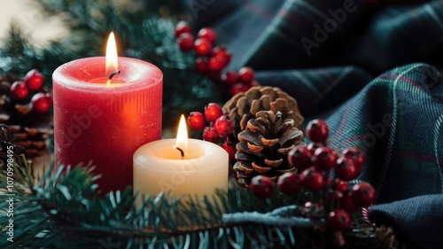 Lit candles and festive decorations with holly and pine cones