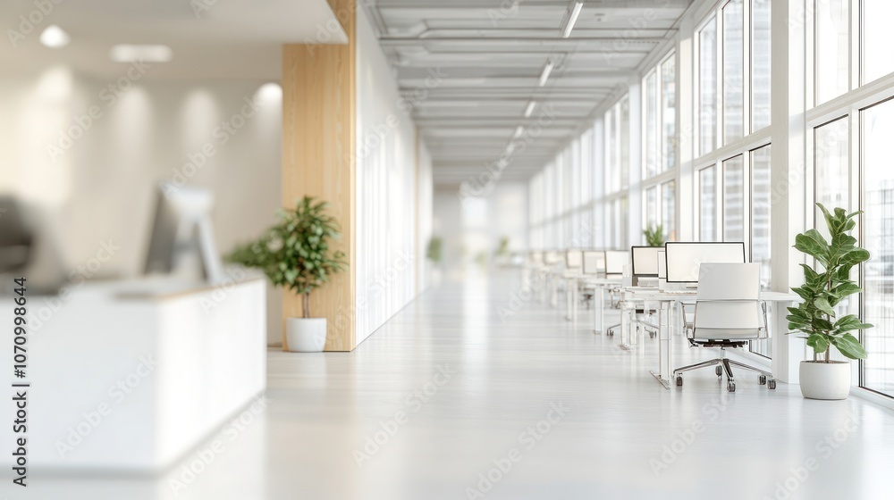 Fototapeta premium Modern office interior with large windows, desks, and plants for a productive workspace.