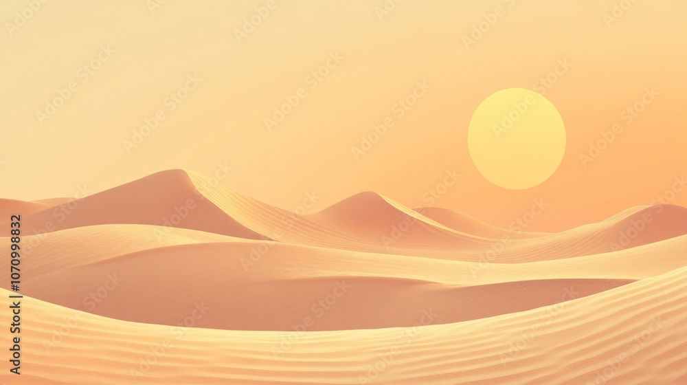 A serene desert landscape at sunset, showcasing soft dunes and a warm sun. A serene desert landscape at sunset, showcasing soft dunes and a warm sun.
