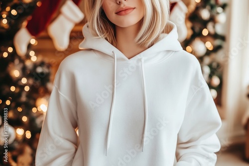 beautiful woman with white hoodie, background Christmas photo