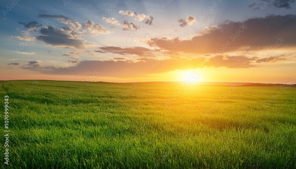 summer landscape field with green grass and horizon textured sunset sky sun summer landscape field with green grass and horizon textured sunset sky sun