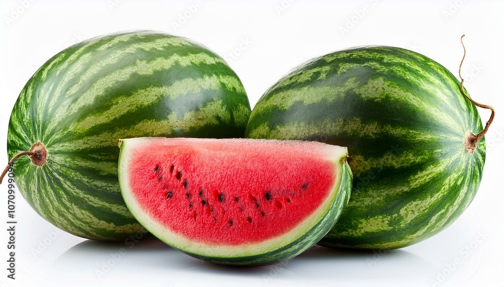 composition with whole ripe watermelons and slice isolated on white background as design elements composition with whole ripe watermelons and slice isolated on white background as design elements