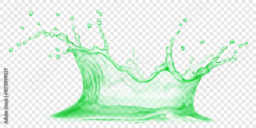 Translucent water crown in green colors, with small drops. Splash isolated on transparent background. Transparency only in vector file
