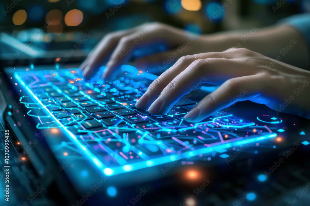 Close-up of hands typing on an illuminated keyboard with a holographic interface, showcasing futuristic technology. Close-up of hands typing on an illuminated keyboard with a holographic interface, showcasing futuristic technology.