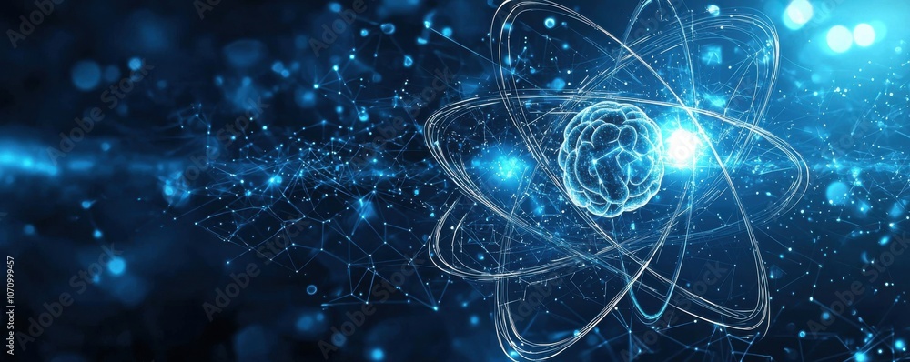 Naklejka premium Futuristic blue background with glowing atomic structure design