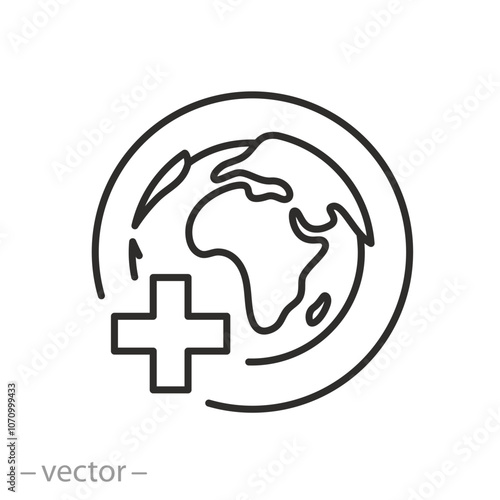 globe with medical cross icon, world medicine, international medic, humanitarian mission logo, thin line symbol on white background - editable stroke vector illustration eps10