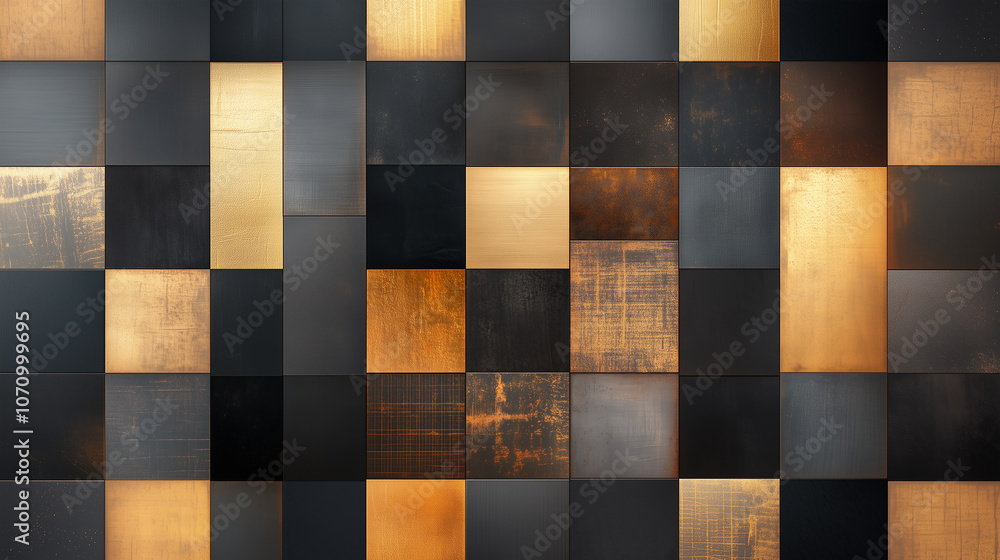 luxurious black gold tiled collage background, with square panels in alternating colors and textures: metallic golds, matte blacks, and distressed, weathered surfaces, with a modern and premium feel luxurious black gold tiled collage background, with square panels in alternating colors and textures: metallic golds, matte blacks, and distressed, weathered surfaces, with a modern and premium feel