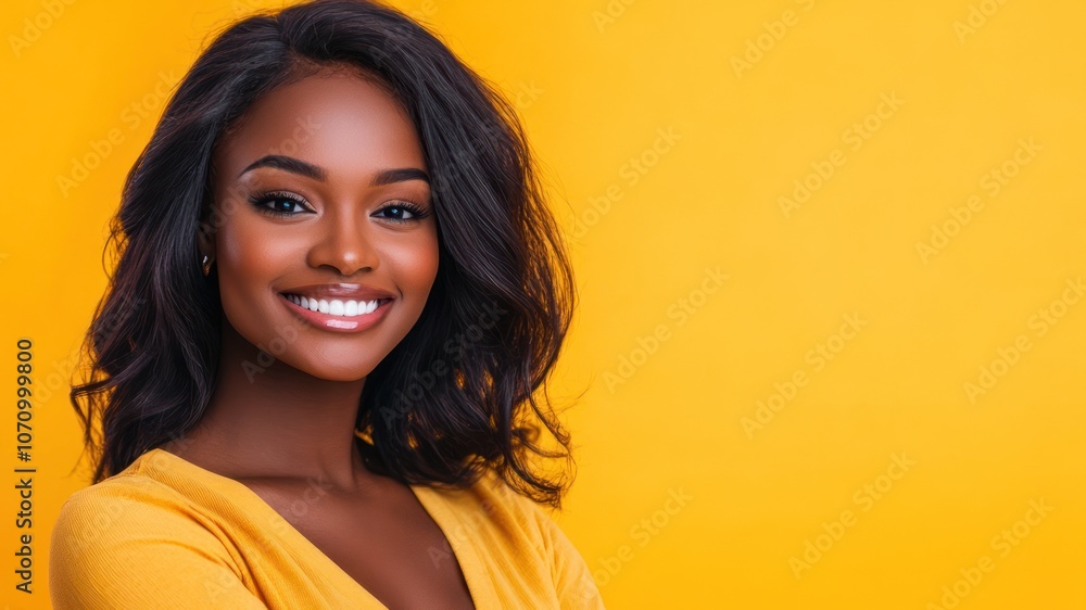 A smiling woman poses against a bright yellow background, exuding warmth and positivity. A smiling woman poses against a bright yellow background, exuding warmth and positivity.