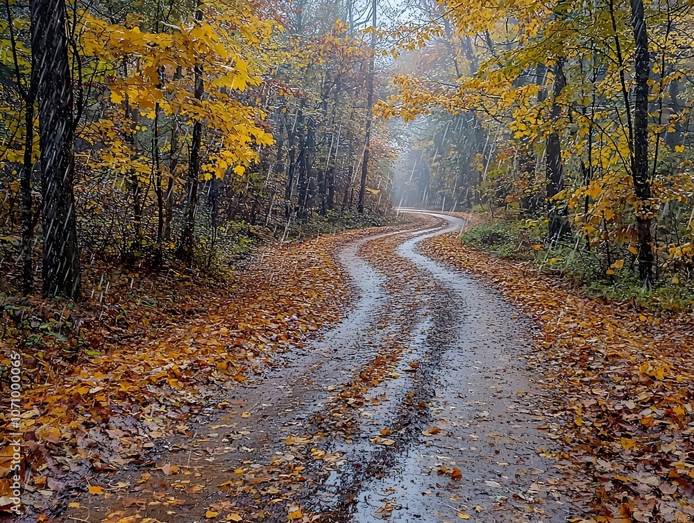 Obraz premium A winding, muddy road surrounded by vibrant autumn foliage, featuring orange and yellow leaves gently falling in a serene, misty forest atmosphere.