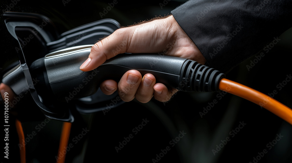 Fototapeta premium Hand holding electric car charger, symbolizing sustainable transportation and eco-friendly technology