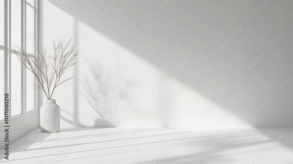 A minimalist interior with a vase and dried plants casting shadows in natural light. A minimalist interior with a vase and dried plants casting shadows in natural light.