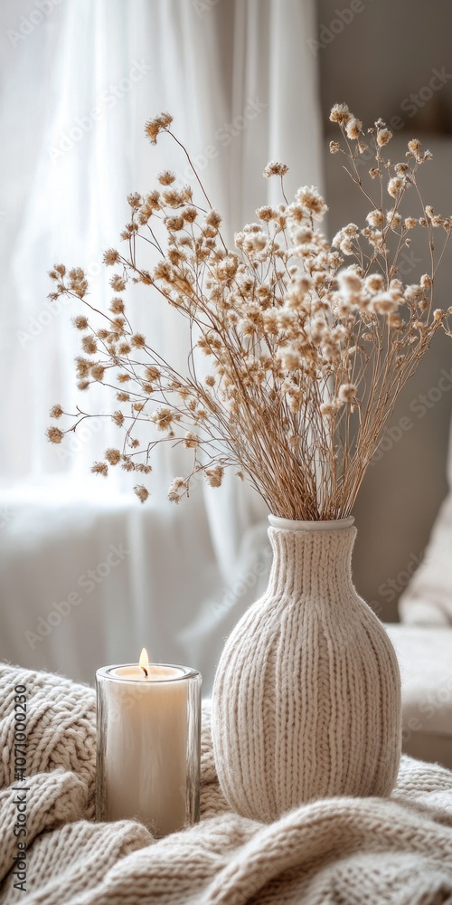 Home Decor Still Life: Cozy Winter Scene with Dried Flowers, Candle, and Knitted Textile Home Decor Still Life: Cozy Winter Scene with Dried Flowers, Candle, and Knitted Textile