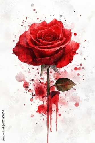 Vibrant Floral Art: Creative Red Rose Watercolor Painting with Abstract Paint Splatter Background