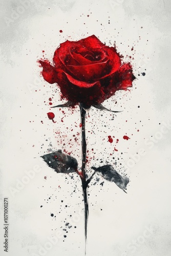 Vibrant Watercolor Rose Blossom with Artistic Paint Splatter