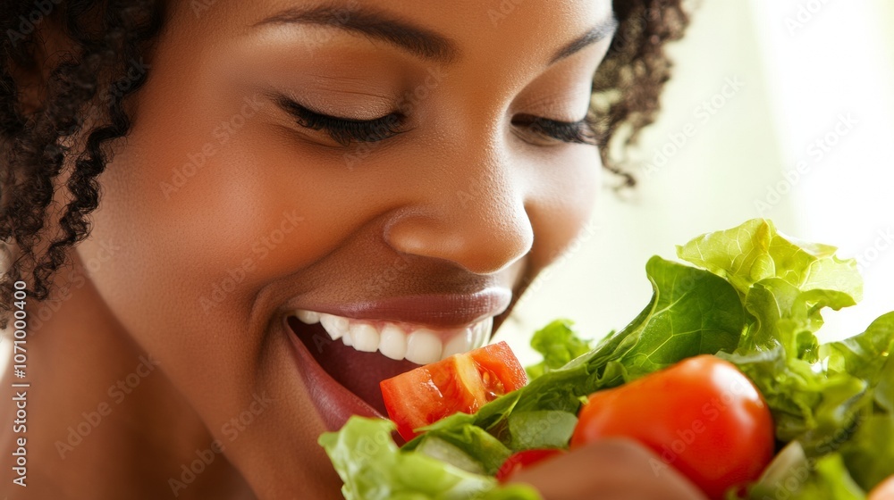 beautiful black woman eating healthy salad beautiful black woman eating healthy salad