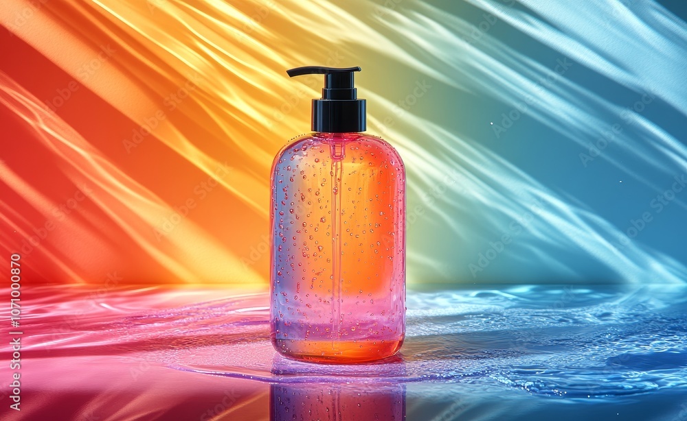 Colorful glass bottle with a pump against a bright gradient backdrop Colorful glass bottle with a pump against a bright gradient backdrop