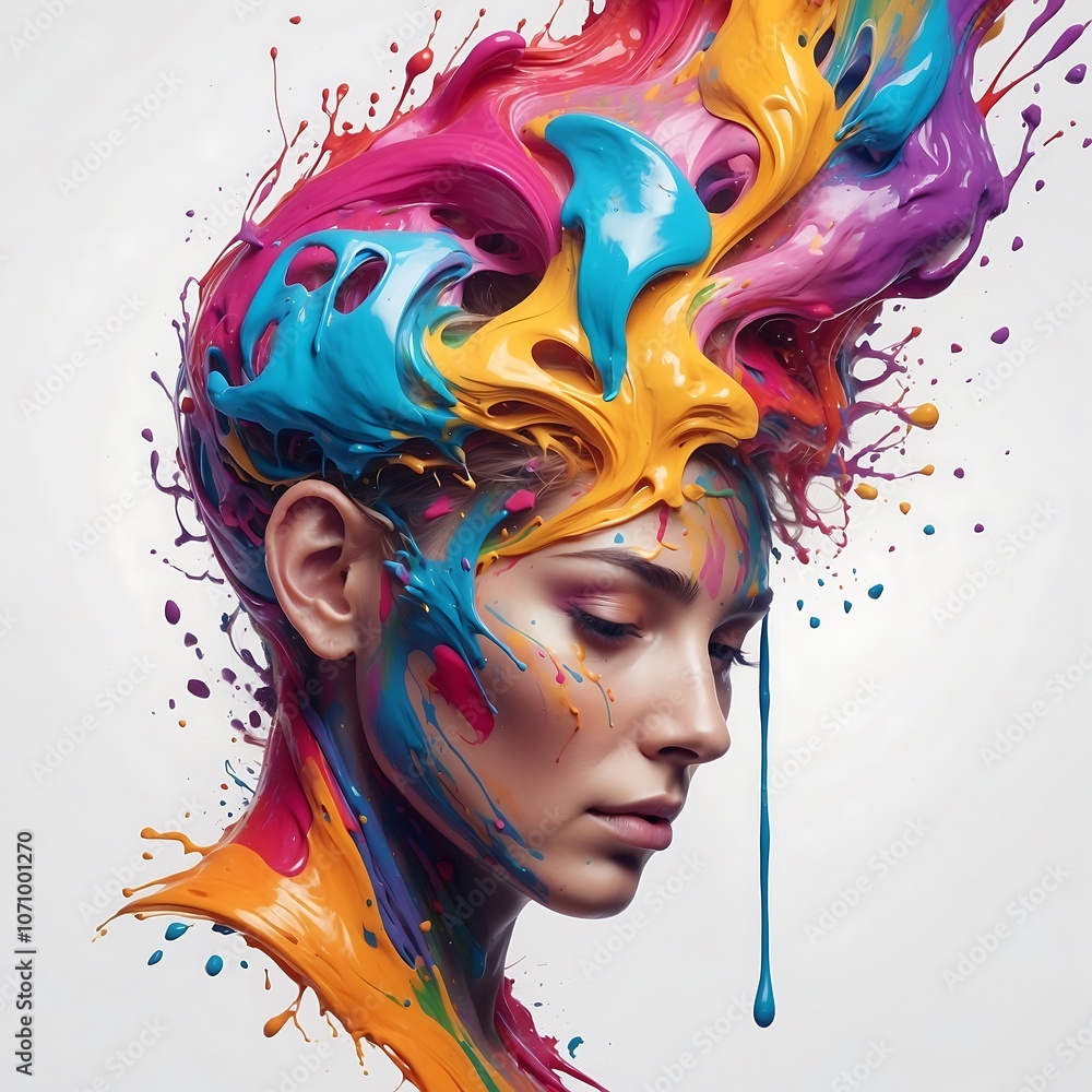 Obraz premium persons head with swirling paint and ink splashes emerging from it, symbolizing creativity in motion
