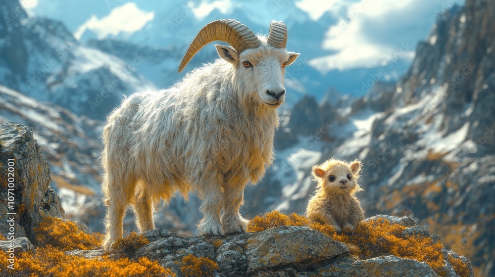 Fototapeta premium A majestic mountain goat and its young kid stand on a rocky cliff overlooking a snow-capped mountain range.