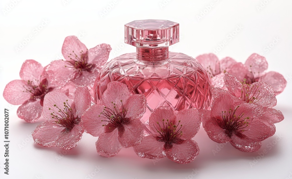 This elegant perfume bottle is surrounded by blushing pink flowers, capturing the beauty of spring. This elegant perfume bottle is surrounded by blushing pink flowers, capturing the beauty of spring.