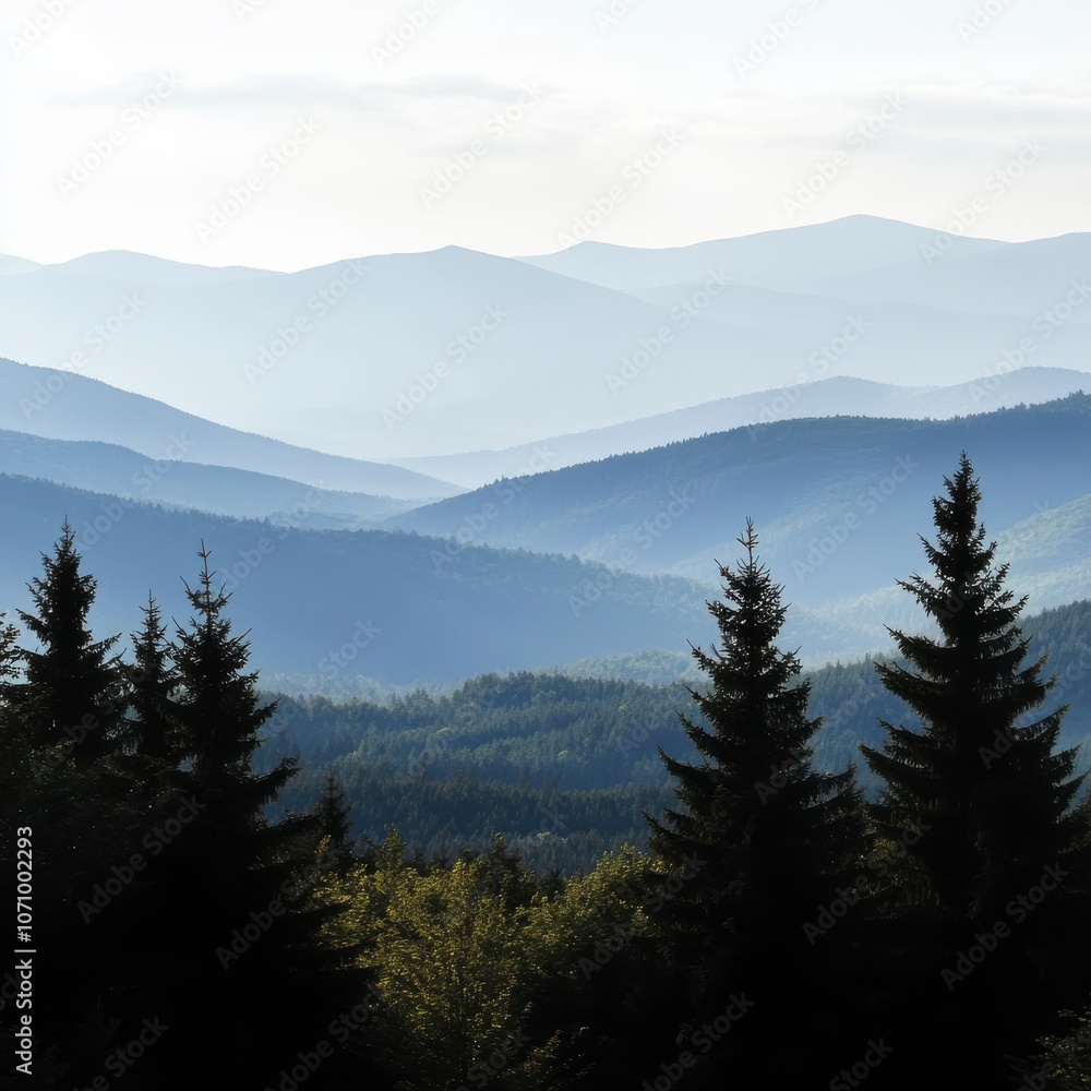 Obraz premium Misty Mountain Range with Pine Trees