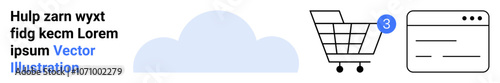 Cloud, shopping cart with 3 notifications, and web interface window. Ideal for e-commerce, online retail, notifications, shopping, cloud solutions, web design, digital marketing. Landing page