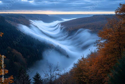 A breathtaking view of a misty valley at dawn, showcasing rolling fog intertwining with autumn foliage in vibrant shades of orange and muted greens, creating a serene atmosphere.