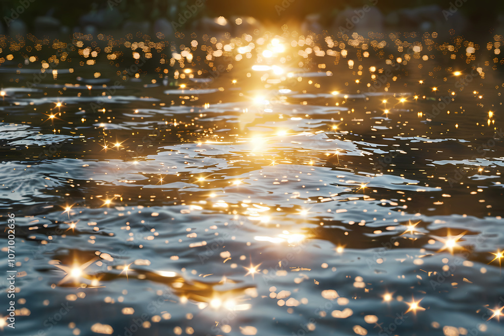 A serene, shimmering surface of water reflecting golden sunlight, creating a magical and tranquil atmosphere. A serene, shimmering surface of water reflecting golden sunlight, creating a magical and tranquil atmosphere.