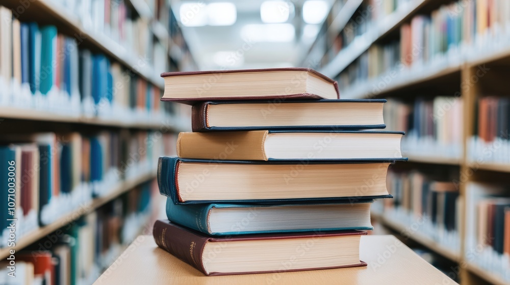 Stack of Books in a Library Aisle with Shelves Full of Volumes in Background Stack of Books in a Library Aisle with Shelves Full of Volumes in Background