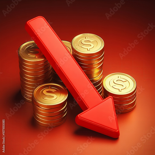 Red arrow pointing down at stacks of coins with dollar signs, representing economic downturn and loss. photo