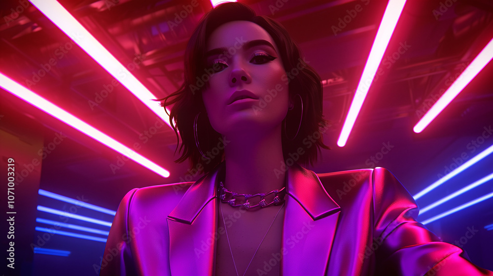 Retrato de mujer con luces de neón y estilo futurista Retrato de mujer con luces de neón y estilo futurista