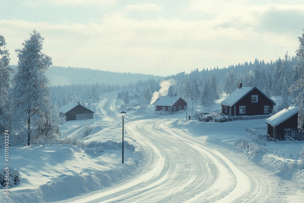Scenic Winter Landscape with Snow-Covered Road and Cozy Wooden Cabins Scenic Winter Landscape with Snow-Covered Road and Cozy Wooden Cabins