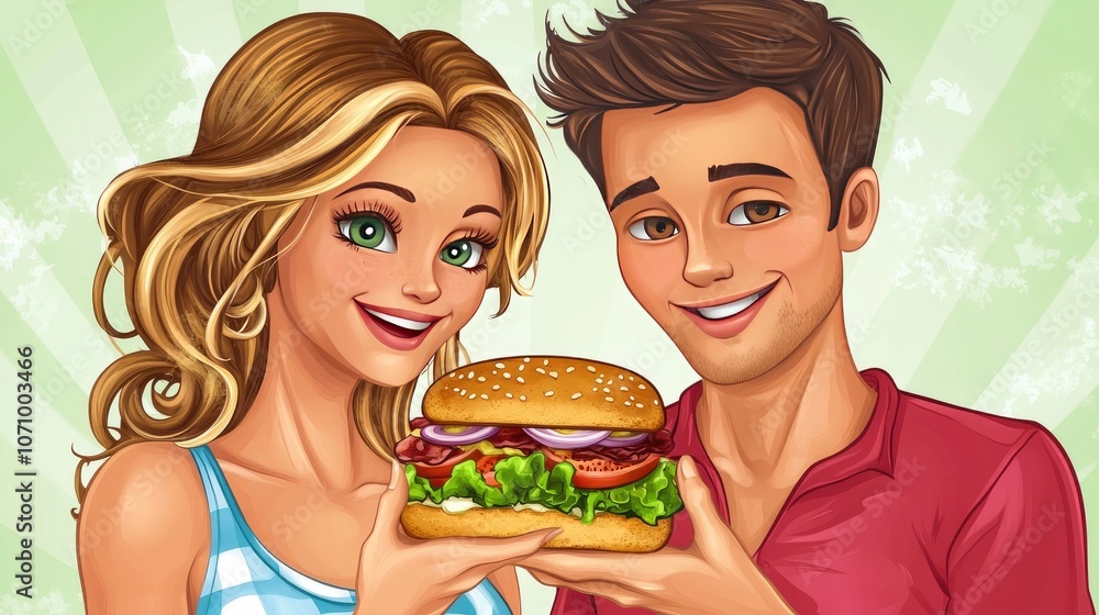 Happy Couple Enjoying a Delicious Burger Together in a Fun Cartoon Style Happy Couple Enjoying a Delicious Burger Together in a Fun Cartoon Style