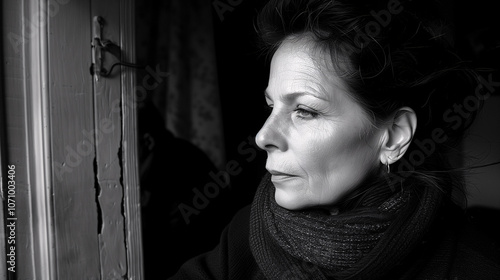 Retrato en blanco y negro de mujer mayor mirando por la ventana