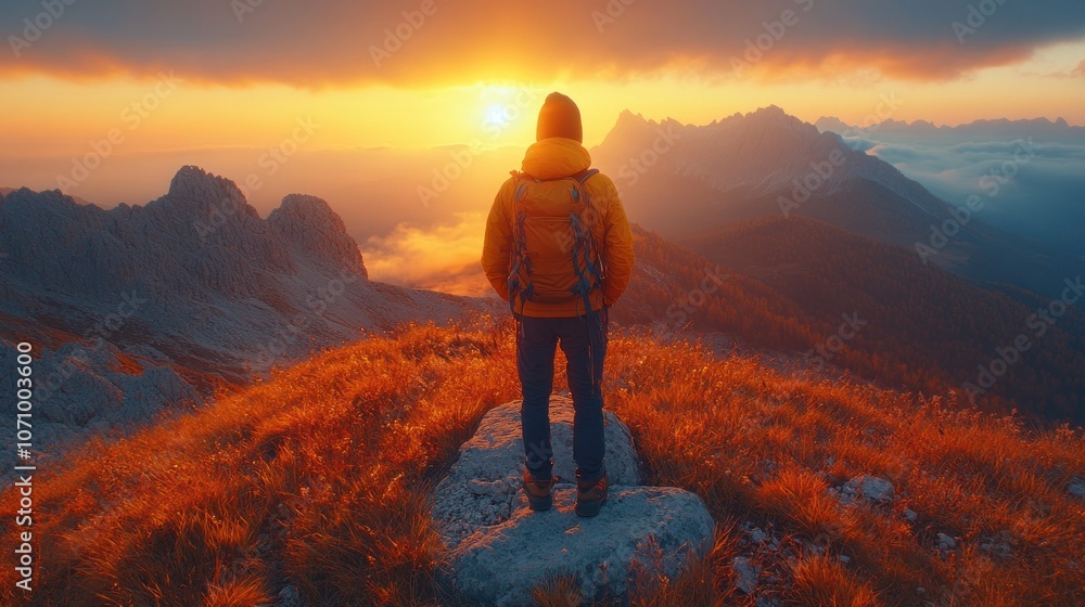 Fototapeta premium A hiker stands on a mountaintop, looking out at a breathtaking sunset over a valley with fog and mountain peaks in the distance.