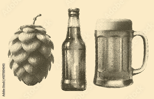 set of vintage halftone effect style beer mug, a hop and a bottle, beer set