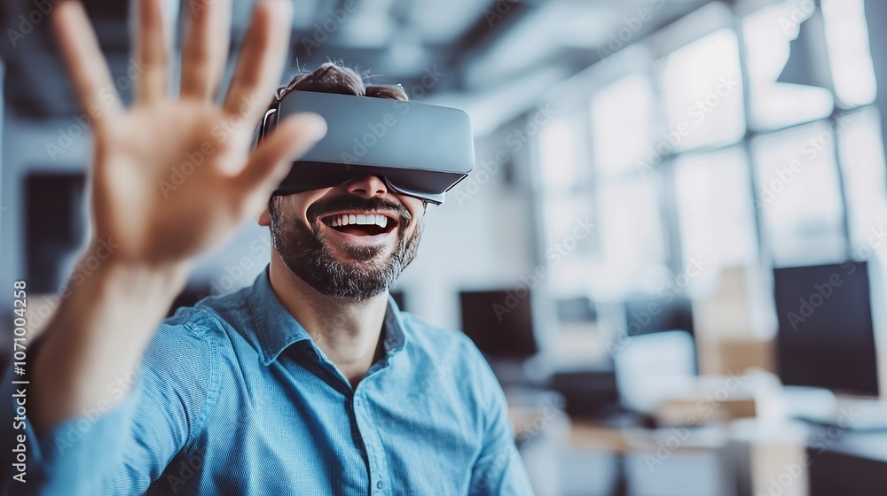 Smiling Man Experiencing Virtual Reality in Modern Office Environment Smiling Man Experiencing Virtual Reality in Modern Office Environment