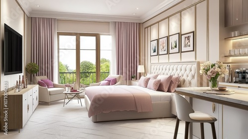 Luxurious Hotel Suite Interior, Pastel Pink and White, King-Size Bed, Lounge, Balcony View