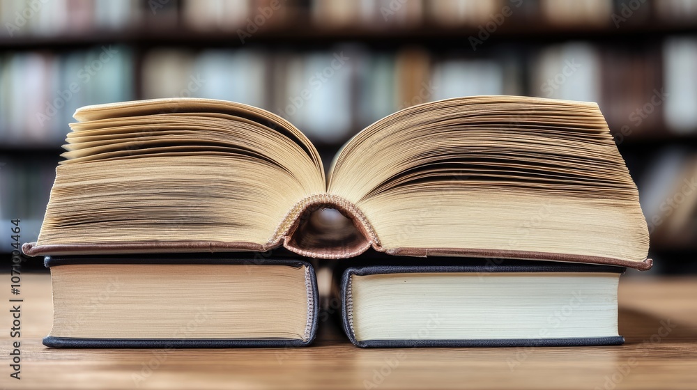 Fototapeta premium Open Book on Stacked Volumes in Library Setting with Blurred Background
